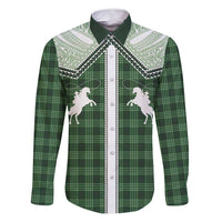 Aloha Hawaii Cowboys Paniolo Family Matching Off Shoulder Maxi Dress and Hawaiian Shirt Forest Green Palaka LT7 Dad's Shirt - Long Sleeve Dark Green - Polynesian Pride