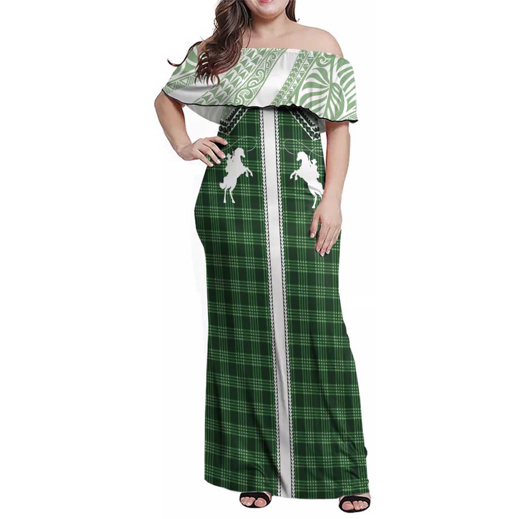 Aloha Hawaii Cowboys Paniolo Family Matching Off Shoulder Maxi Dress and Hawaiian Shirt Forest Green Palaka LT7 Mom's Dress Dark Green - Polynesian Pride