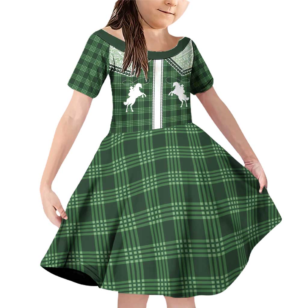 Aloha Hawaii Cowboys Paniolo Family Matching Off Shoulder Short Dress and Hawaiian Shirt Forest Green Palaka LT7 Daughter's Dress Dark Green - Polynesian Pride