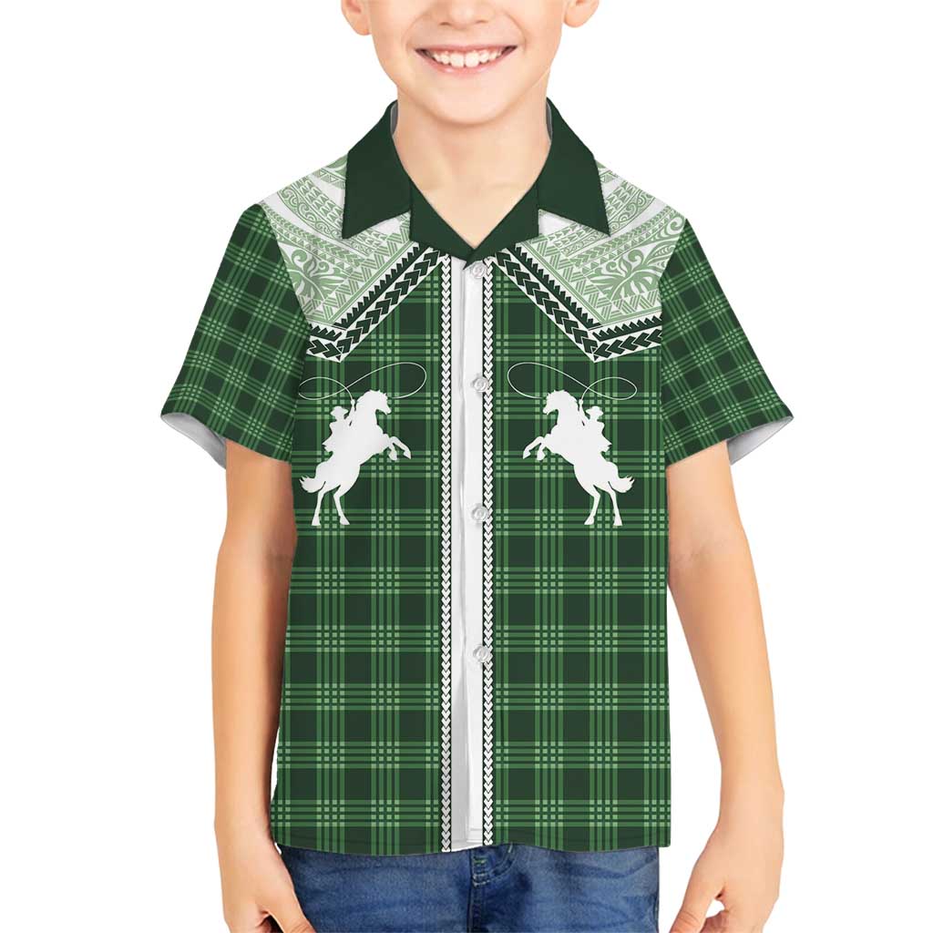 Aloha Hawaii Cowboys Paniolo Family Matching Off Shoulder Short Dress and Hawaiian Shirt Forest Green Palaka LT7 Son's Shirt Dark Green - Polynesian Pride