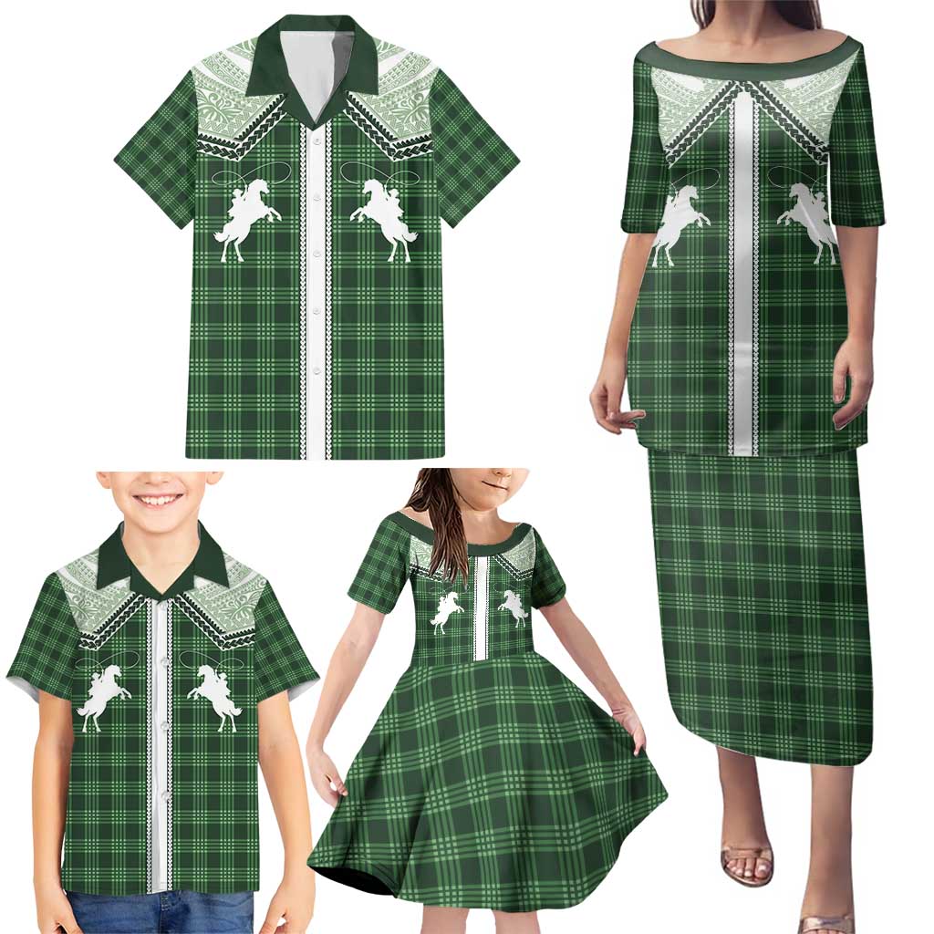 Aloha Hawaii Cowboys Paniolo Family Matching Puletasi and Hawaiian Shirt Forest Green Palaka LT7 - Polynesian Pride