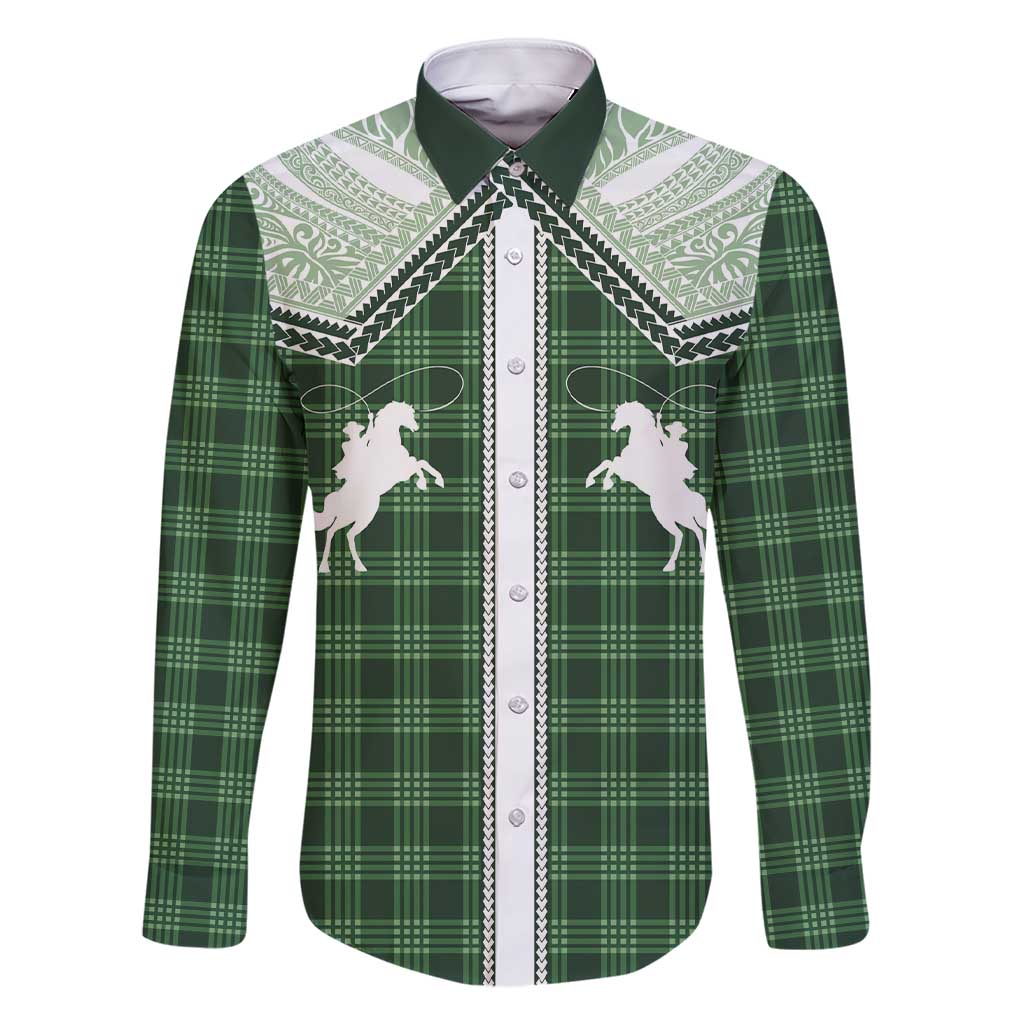 Aloha Hawaii Cowboys Paniolo Family Matching Short Sleeve Bodycon Dress and Hawaiian Shirt Forest Green Palaka LT7 Dad's Shirt - Long Sleeve Dark Green - Polynesian Pride