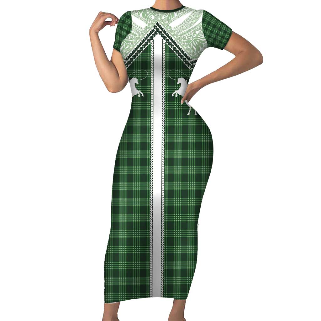 Aloha Hawaii Cowboys Paniolo Family Matching Short Sleeve Bodycon Dress and Hawaiian Shirt Forest Green Palaka LT7 Mom's Dress Dark Green - Polynesian Pride
