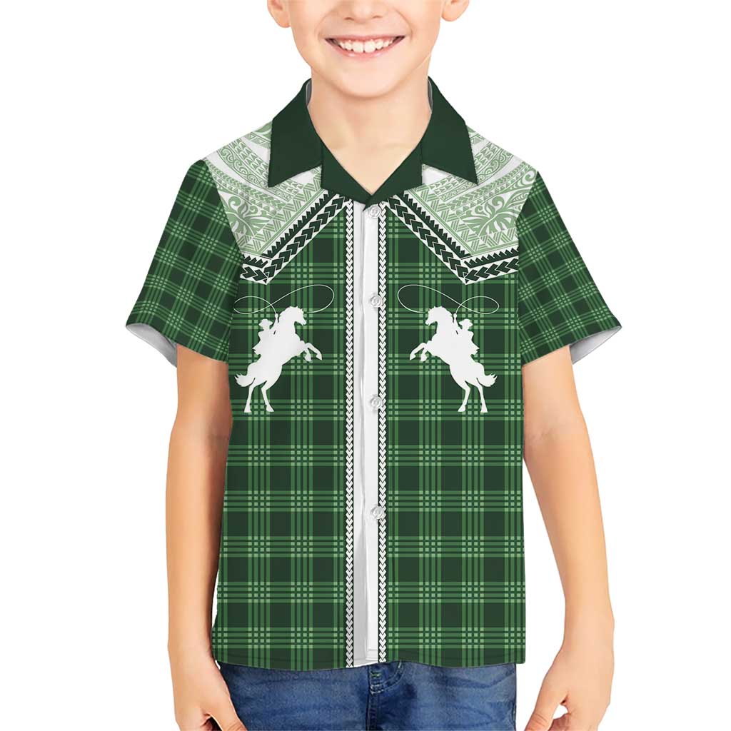 Aloha Hawaii Cowboys Paniolo Family Matching Short Sleeve Bodycon Dress and Hawaiian Shirt Forest Green Palaka LT7 Son's Shirt Dark Green - Polynesian Pride