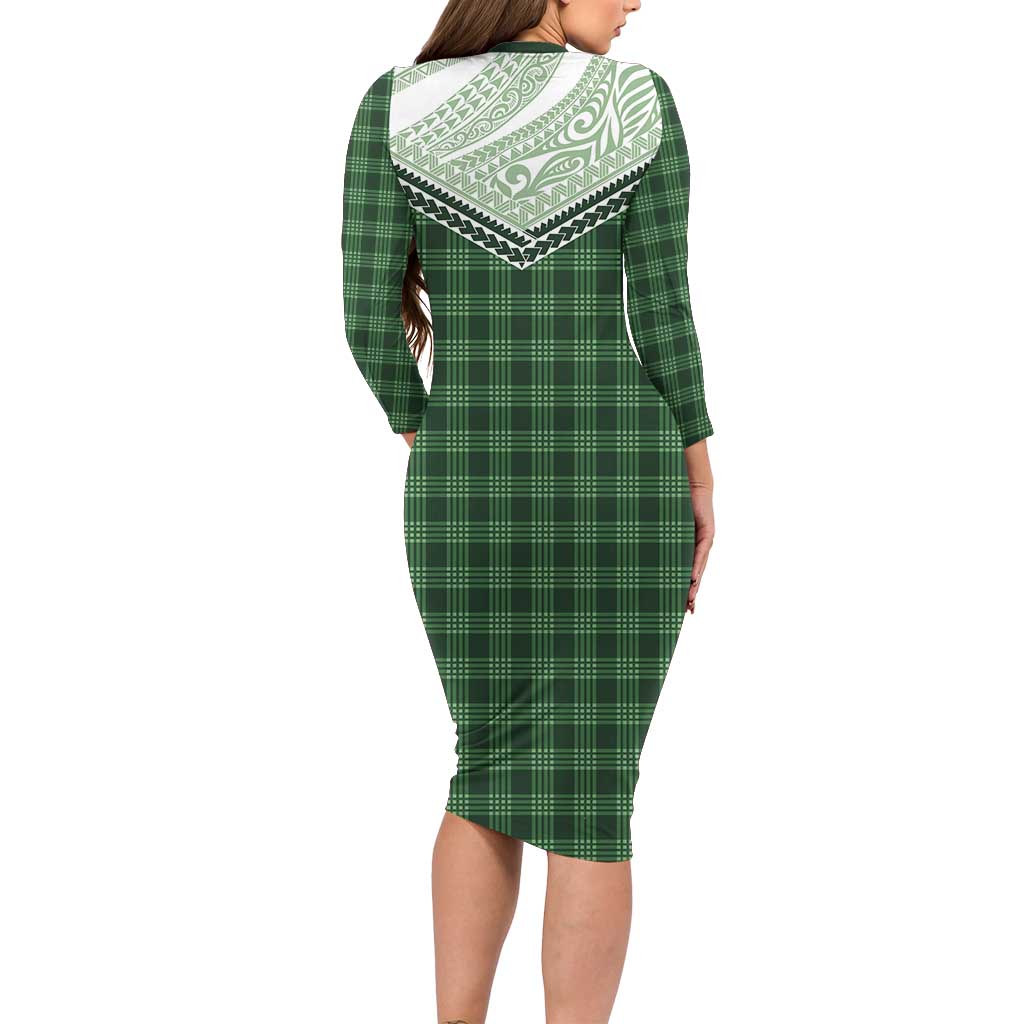 Aloha Hawaii Cowboys Paniolo Long Sleeve Bodycon Dress Forest Green Palaka - Polynesian Pride