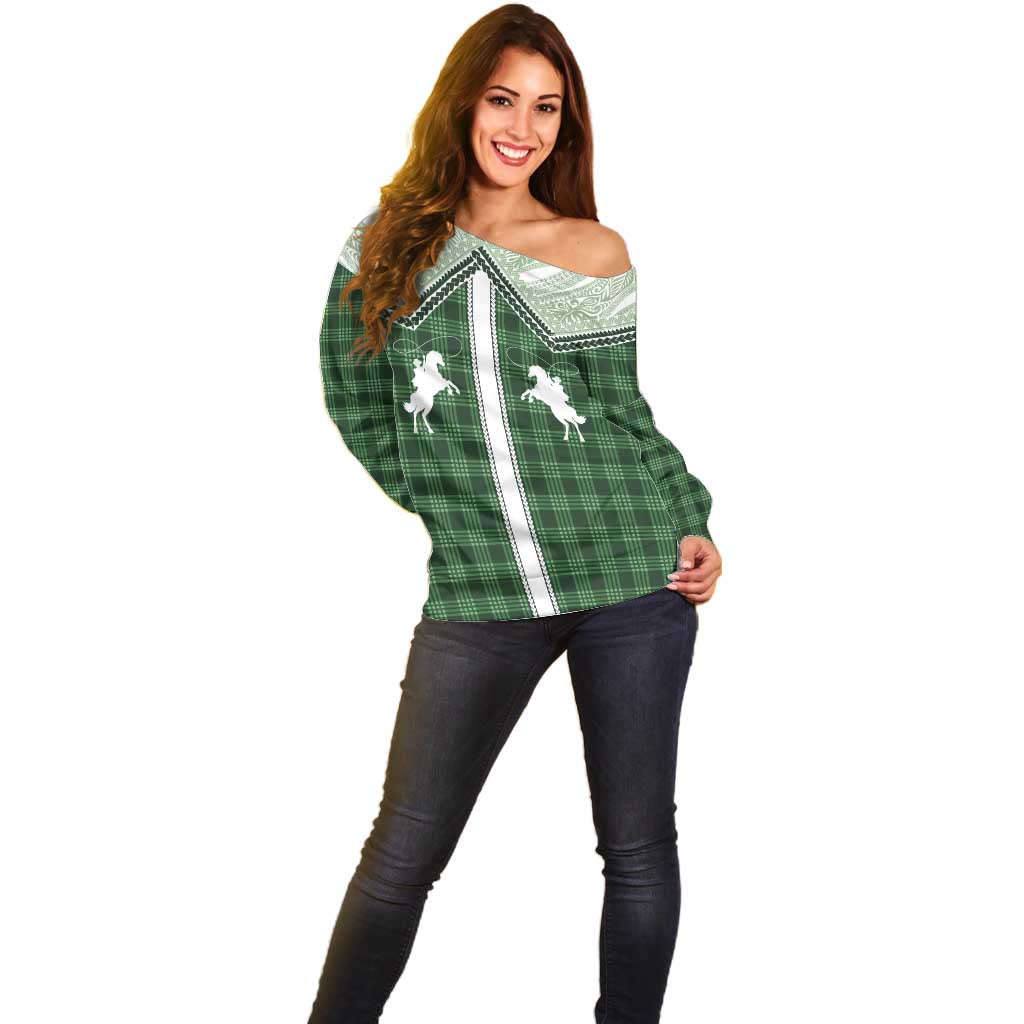 Aloha Hawaii Cowboys Paniolo Off Shoulder Sweater Forest Green Palaka - Polynesian Pride