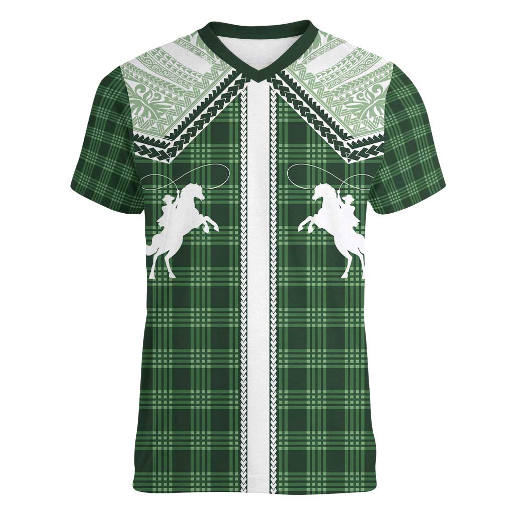 Aloha Hawaii Cowboys Paniolo Women V-Neck T-Shirt Forest Green Palaka - Polynesian Pride