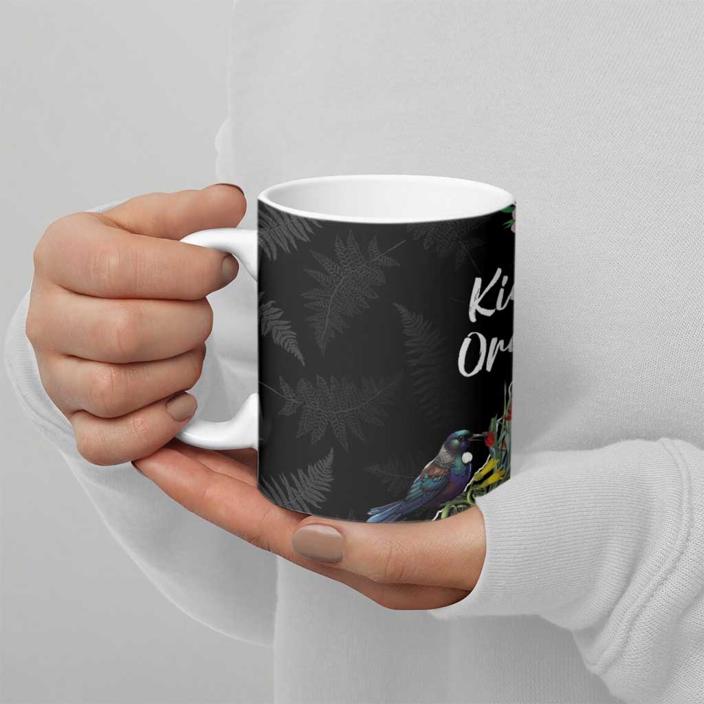 Kia Ora New Zealand Floral Ceramic Mug Black - Polynesian Pride