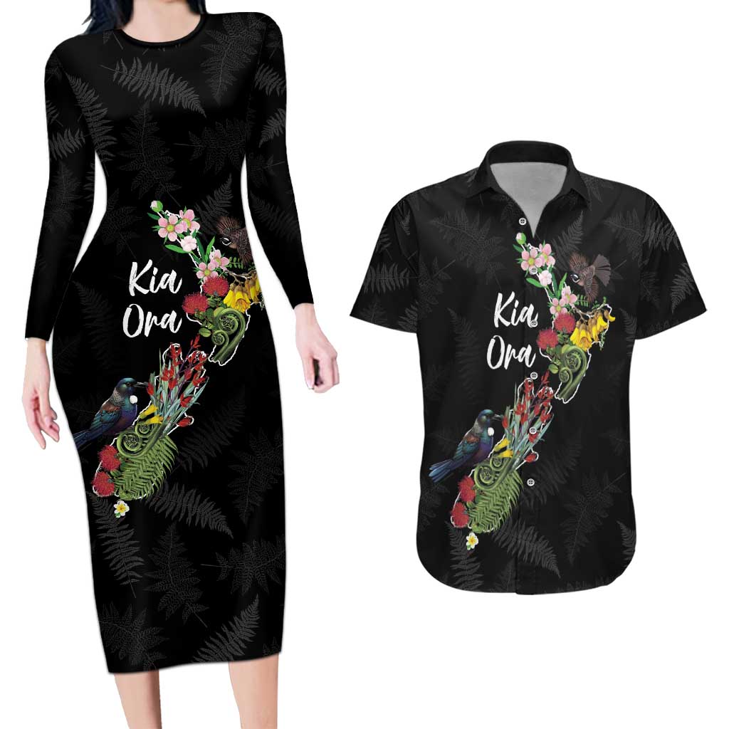 Kia Ora New Zealand Floral Personalized Couples Matching Long Sleeve Bodycon Dress and Hawaiian Shirt Black LT7 Black - Polynesian Pride
