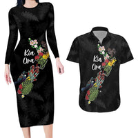 Kia Ora New Zealand Floral Personalized Couples Matching Long Sleeve Bodycon Dress and Hawaiian Shirt Black LT7 Black - Polynesian Pride