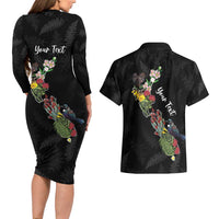 Kia Ora New Zealand Floral Personalized Couples Matching Long Sleeve Bodycon Dress and Hawaiian Shirt Black LT7 - Polynesian Pride