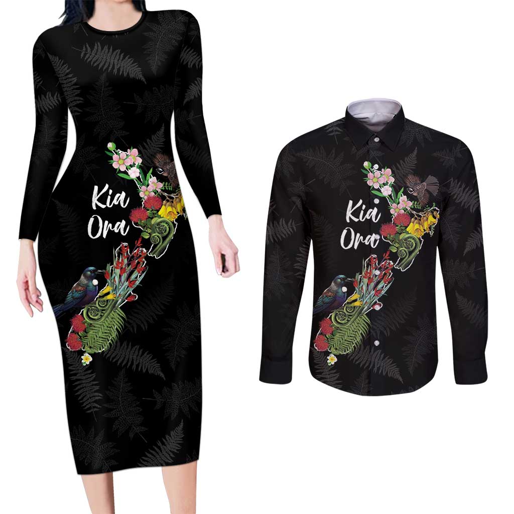 Kia Ora New Zealand Floral Personalized Couples Matching Long Sleeve Bodycon Dress and Long Sleeve Button Shirt Black LT7 Black - Polynesian Pride
