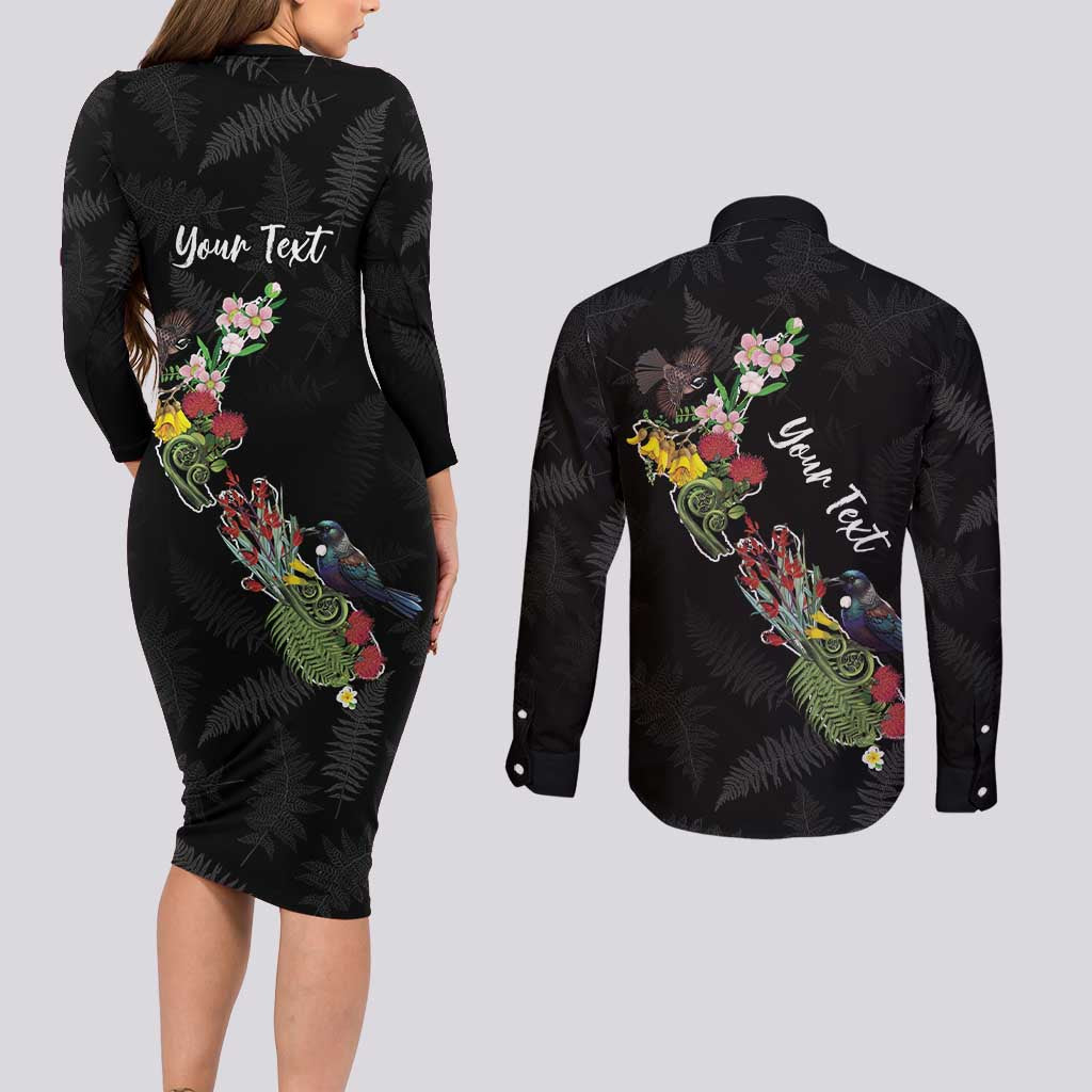 Kia Ora New Zealand Floral Personalized Couples Matching Long Sleeve Bodycon Dress and Long Sleeve Button Shirt Black LT7 - Polynesian Pride