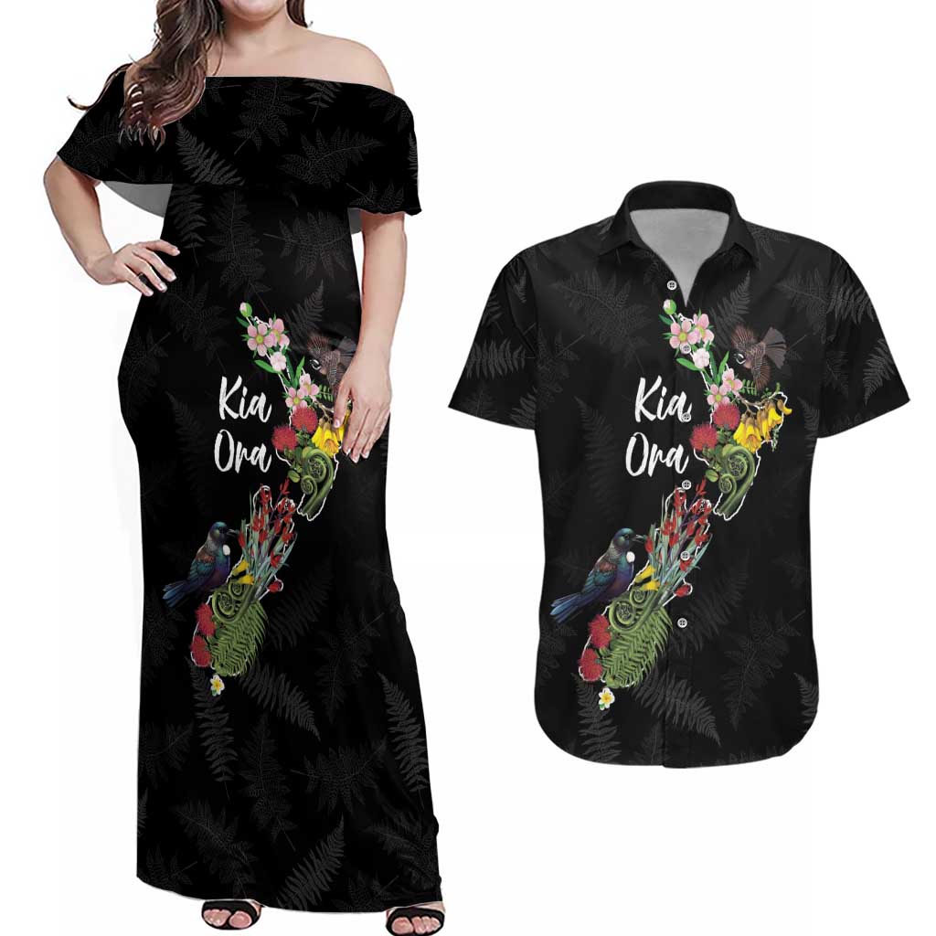 Kia Ora New Zealand Floral Personalized Couples Matching Off Shoulder Maxi Dress and Hawaiian Shirt Black - Polynesian Pride
