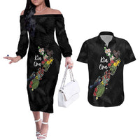 Kia Ora New Zealand Floral Personalized Couples Matching Off The Shoulder Long Sleeve Dress and Hawaiian Shirt Black LT7 Black - Polynesian Pride