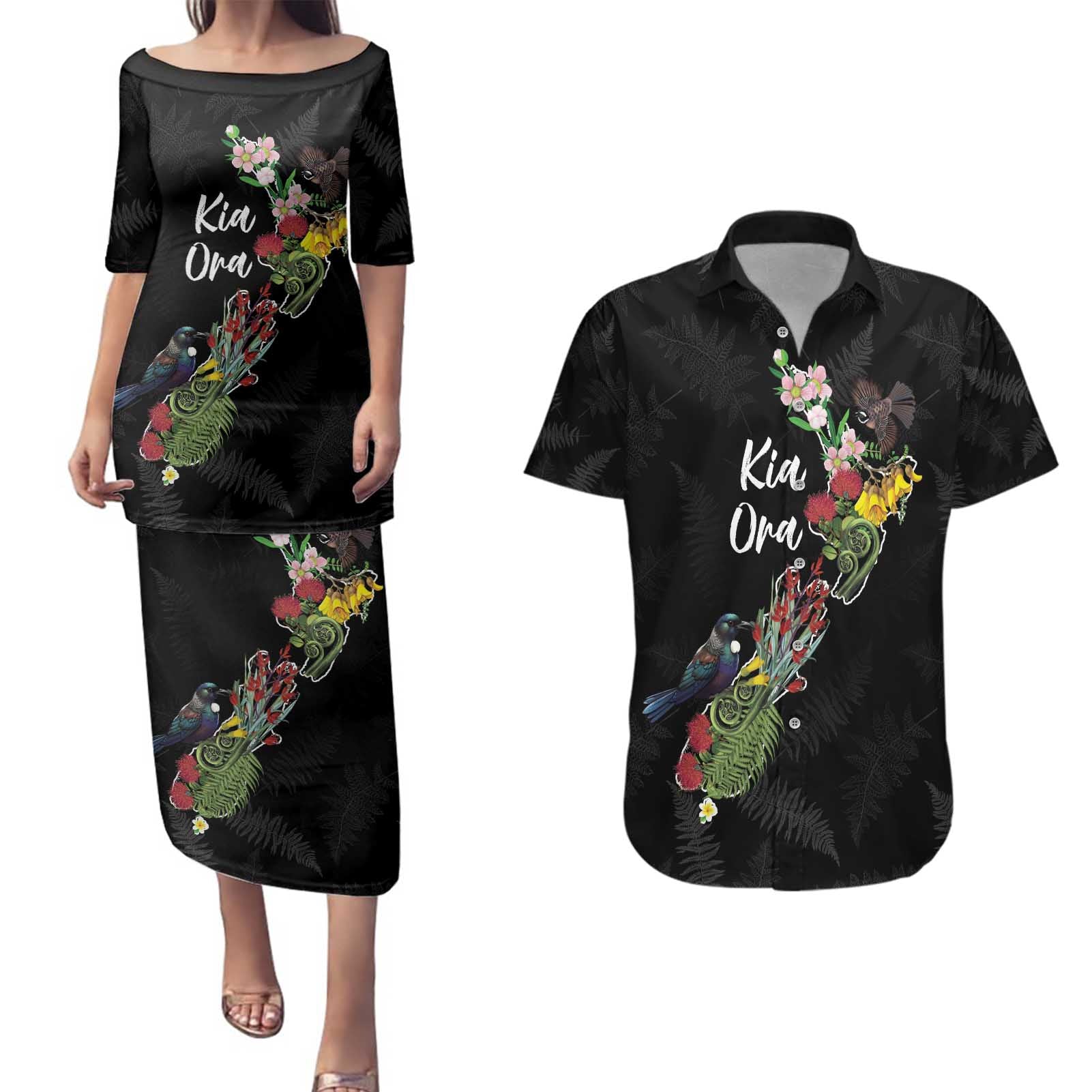 Kia Ora New Zealand Floral Personalized Couples Matching Puletasi and Hawaiian Shirt Black - Polynesian Pride