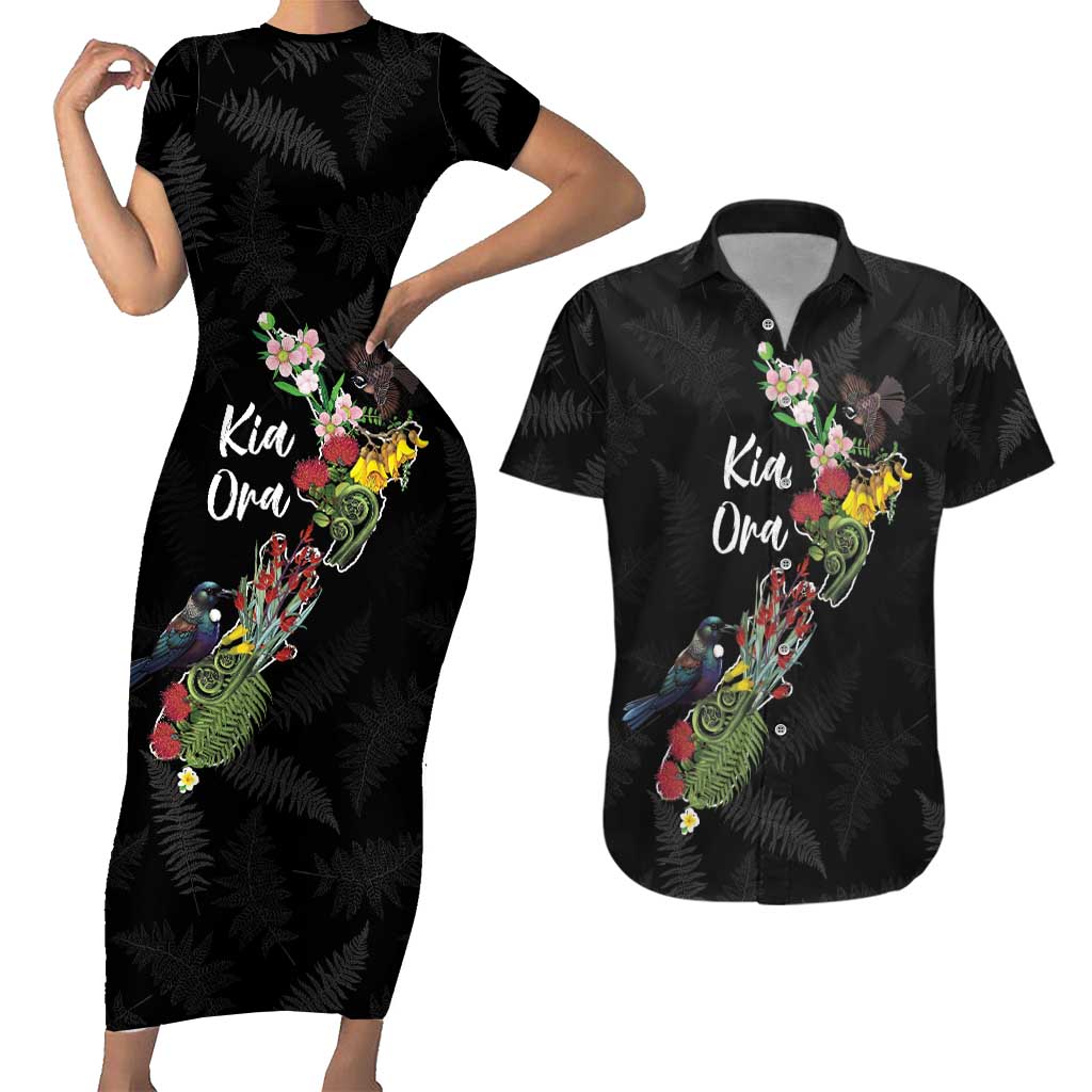 Kia Ora New Zealand Floral Personalized Couples Matching Short Sleeve Bodycon Dress and Hawaiian Shirt Black LT7 Black - Polynesian Pride