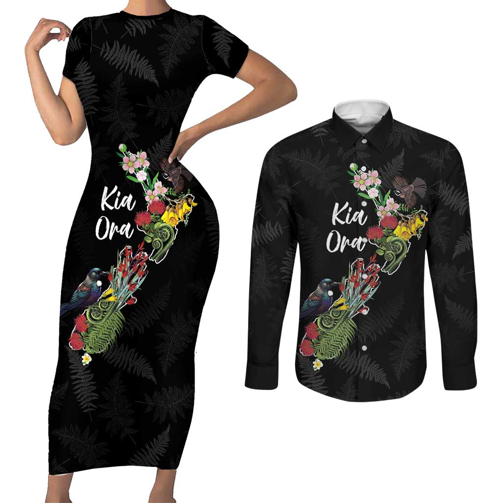 Kia Ora New Zealand Floral Personalized Couples Matching Short Sleeve Bodycon Dress and Long Sleeve Button Shirt Black - Polynesian Pride