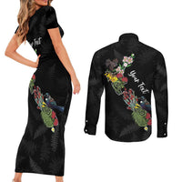 Kia Ora New Zealand Floral Personalized Couples Matching Short Sleeve Bodycon Dress and Long Sleeve Button Shirt Black - Polynesian Pride