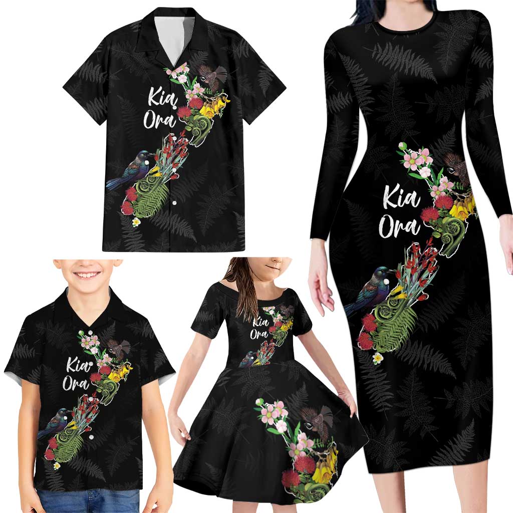 Kia Ora New Zealand Floral Personalized Family Matching Long Sleeve Bodycon Dress and Hawaiian Shirt Black - Polynesian Pride