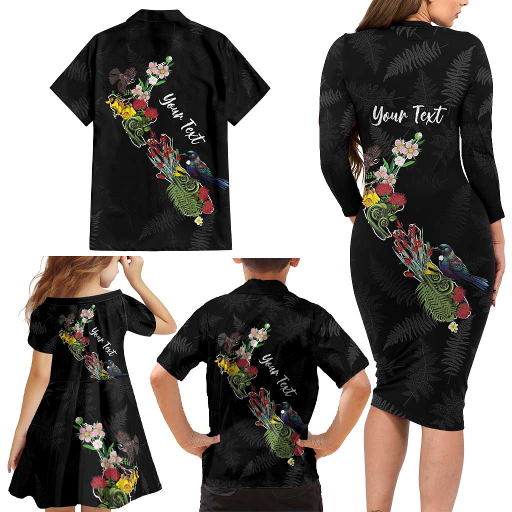 Kia Ora New Zealand Floral Personalized Family Matching Long Sleeve Bodycon Dress and Hawaiian Shirt Black LT7 - Polynesian Pride