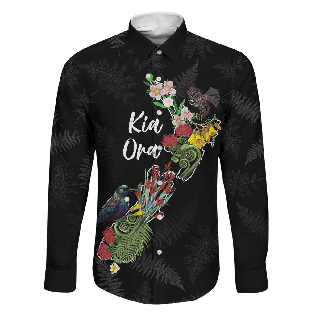 Kia Ora New Zealand Floral Personalized Family Matching Long Sleeve Bodycon Dress and Hawaiian Shirt Black LT7 Dad's Shirt - Long Sleeve Black - Polynesian Pride