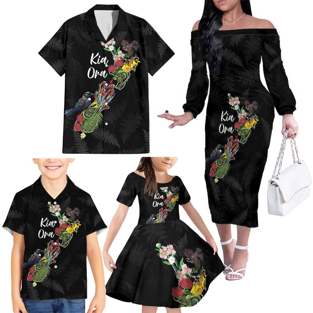 Kia Ora New Zealand Floral Personalized Family Matching Off The Shoulder Long Sleeve Dress and Hawaiian Shirt Black - Polynesian Pride