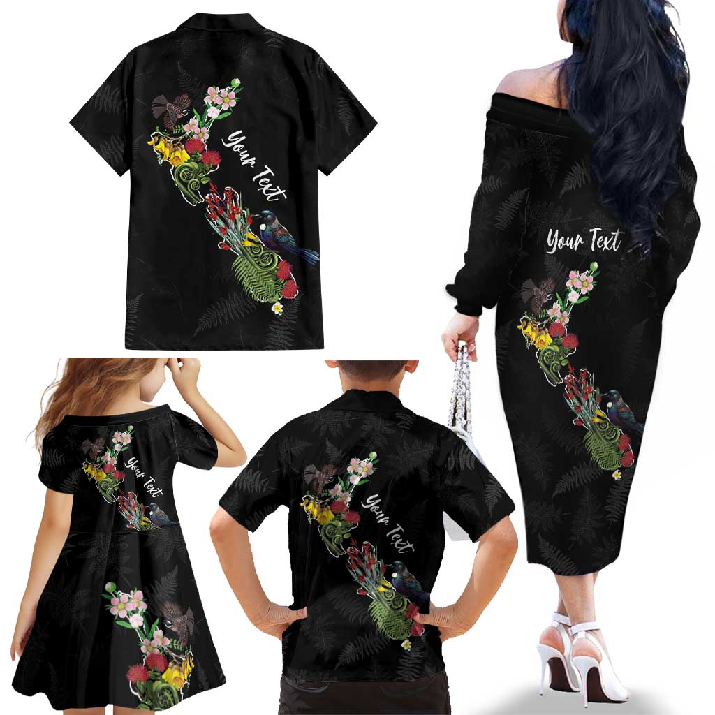 Kia Ora New Zealand Floral Personalized Family Matching Off The Shoulder Long Sleeve Dress and Hawaiian Shirt Black LT7 - Polynesian Pride