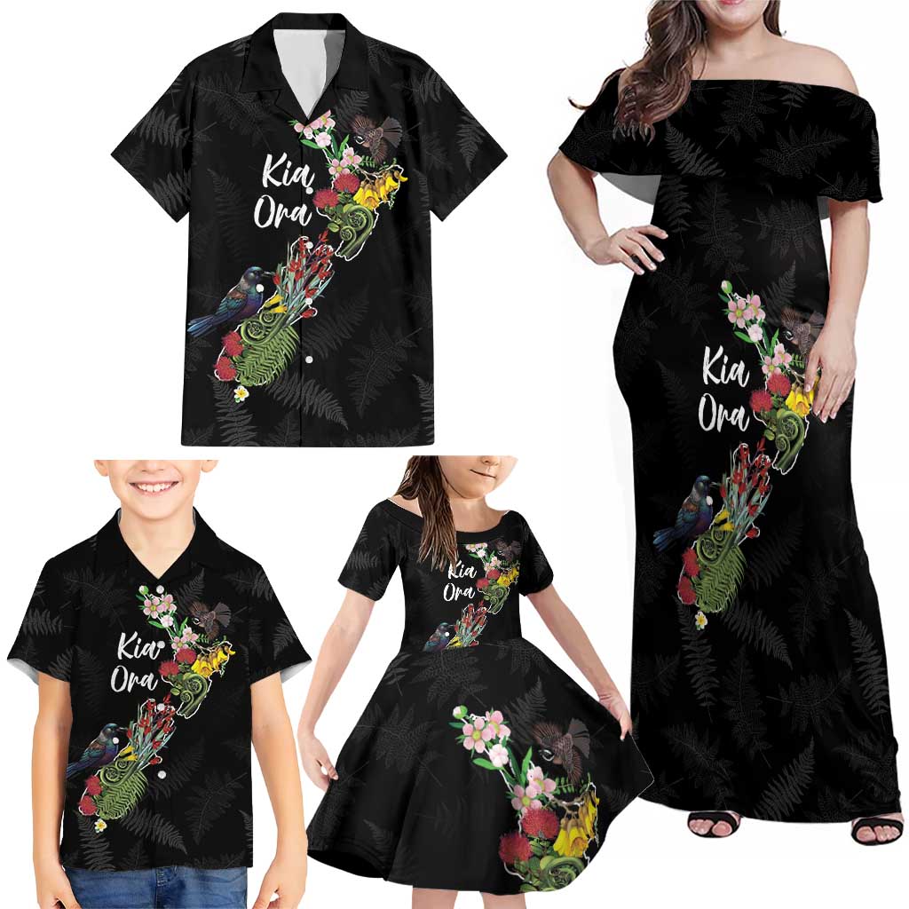 Kia Ora New Zealand Floral Personalized Family Matching Off Shoulder Maxi Dress and Hawaiian Shirt Black - Polynesian Pride