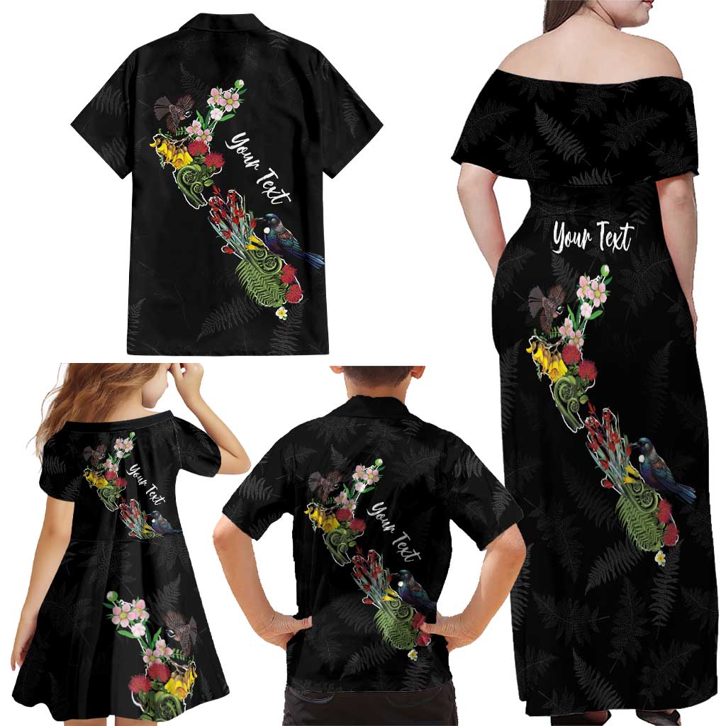 Kia Ora New Zealand Floral Personalized Family Matching Off Shoulder Maxi Dress and Hawaiian Shirt Black LT7 - Polynesian Pride