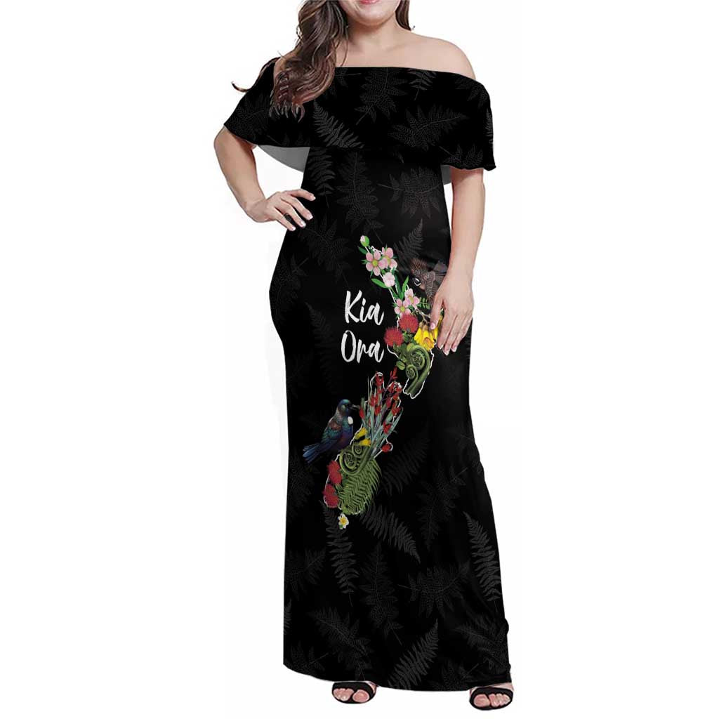 Kia Ora New Zealand Floral Personalized Family Matching Off Shoulder Maxi Dress and Hawaiian Shirt Black LT7 Mom's Dress Black - Polynesian Pride