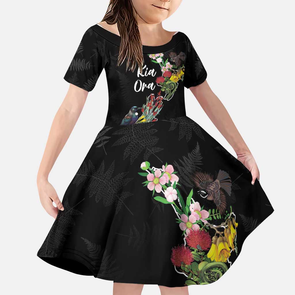Kia Ora New Zealand Floral Personalized Family Matching Off Shoulder Short Dress and Hawaiian Shirt Black LT7 Daughter's Dress Black - Polynesian Pride