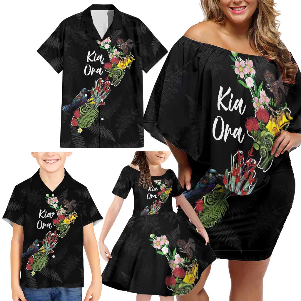 Kia Ora New Zealand Floral Personalized Family Matching Off Shoulder Short Dress and Hawaiian Shirt Black - Polynesian Pride