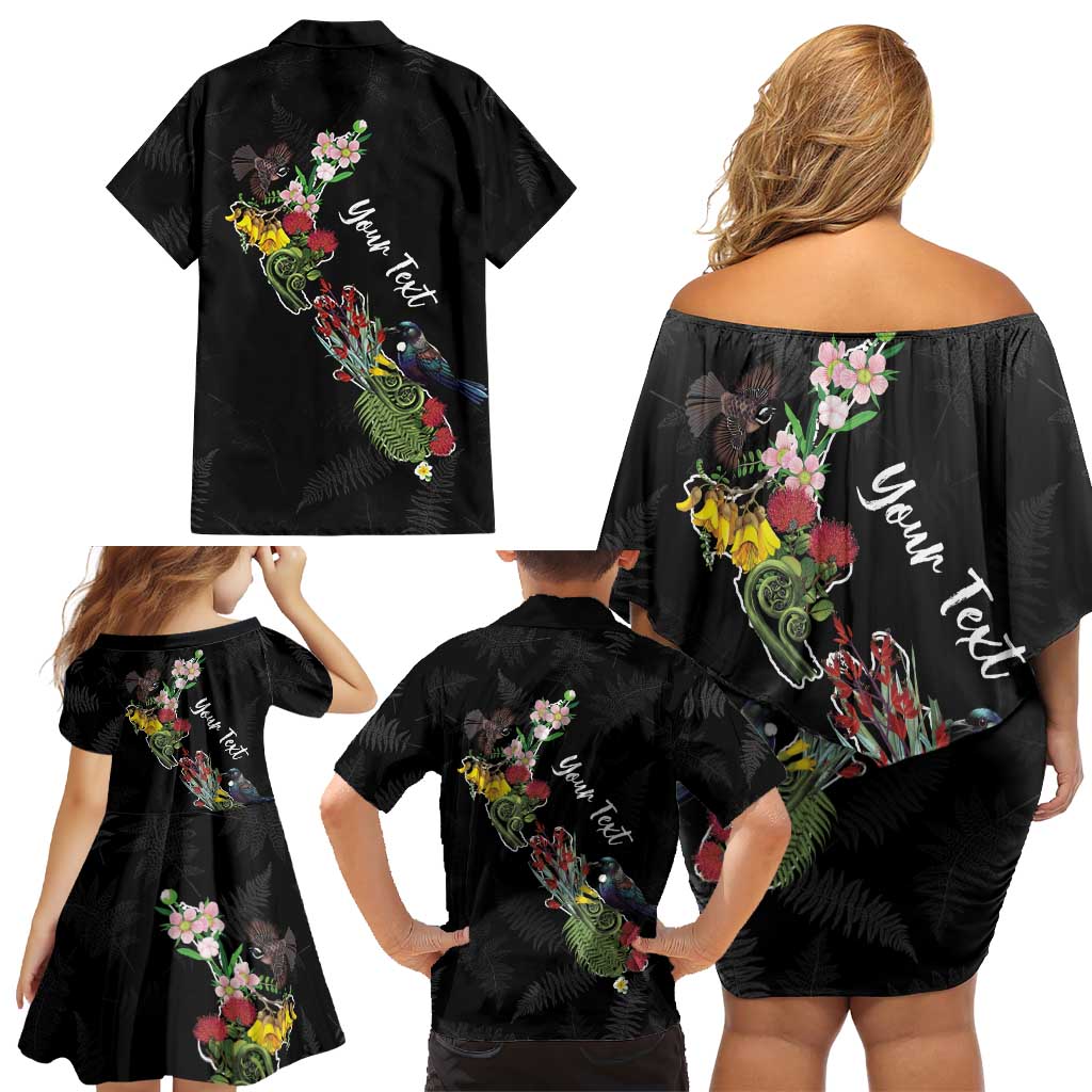 Kia Ora New Zealand Floral Personalized Family Matching Off Shoulder Short Dress and Hawaiian Shirt Black LT7 - Polynesian Pride