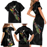 Kia Ora New Zealand Floral Personalized Family Matching Short Sleeve Bodycon Dress and Hawaiian Shirt Black LT7 - Polynesian Pride