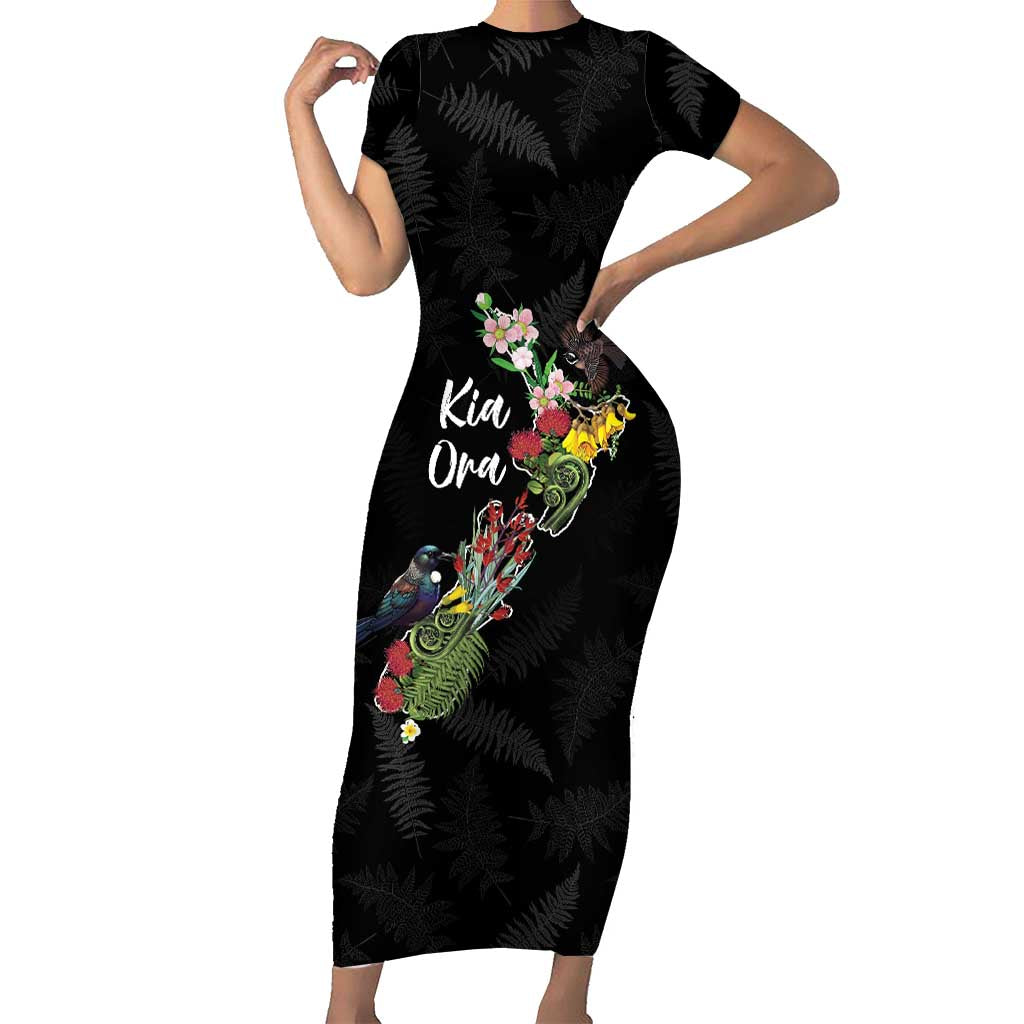 Kia Ora New Zealand Floral Personalized Family Matching Short Sleeve Bodycon Dress and Hawaiian Shirt Black LT7 Mom's Dress Black - Polynesian Pride