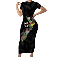 Kia Ora New Zealand Floral Personalized Family Matching Short Sleeve Bodycon Dress and Hawaiian Shirt Black LT7 Mom's Dress Black - Polynesian Pride