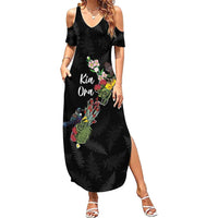 Kia Ora New Zealand Floral Personalized Family Matching Summer Maxi Dress and Hawaiian Shirt Black LT7 Mom's Dress Black - Polynesian Pride