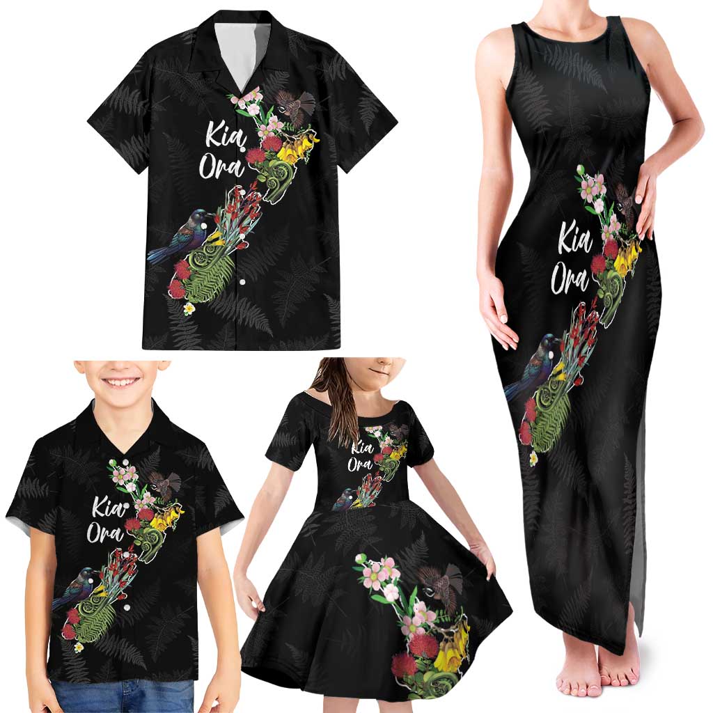Kia Ora New Zealand Floral Personalized Family Matching Tank Maxi Dress and Hawaiian Shirt Black - Polynesian Pride