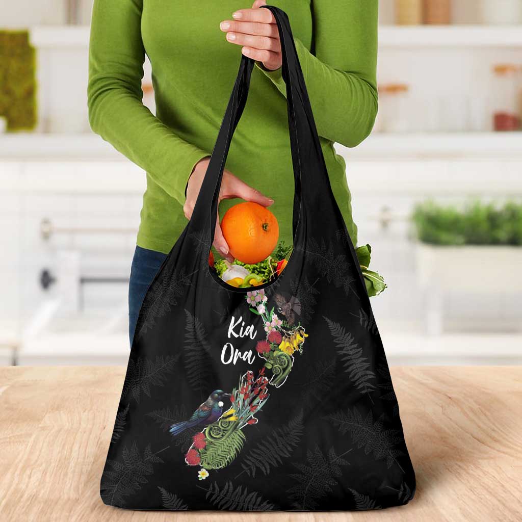 Kia Ora New Zealand Floral Grocery Bag Black - Polynesian Pride