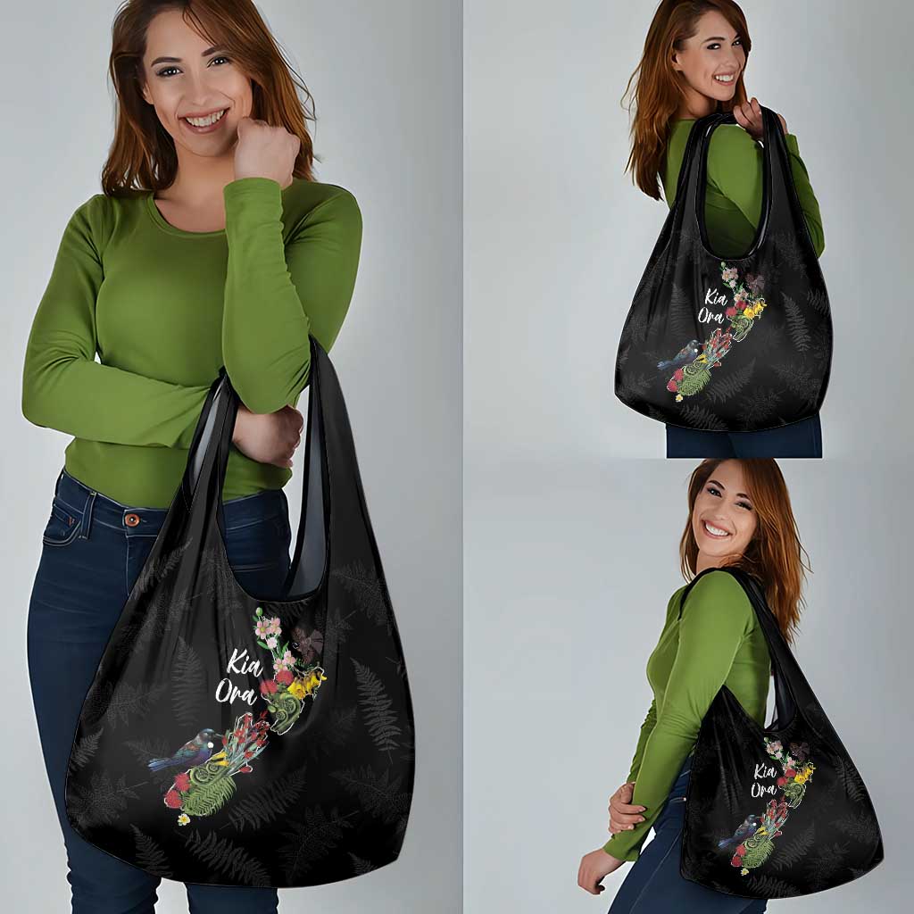 Kia Ora New Zealand Floral Grocery Bag Black - Polynesian Pride