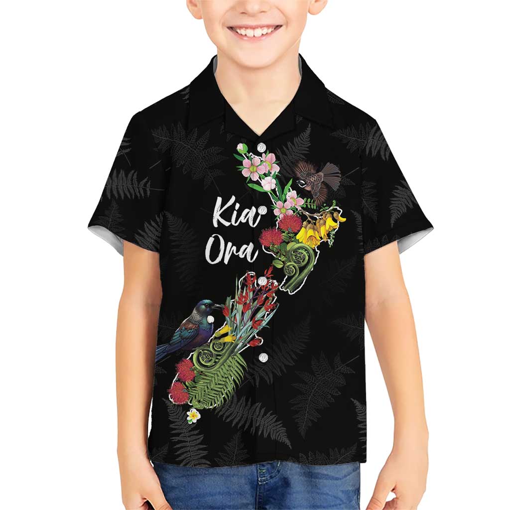 Kia Ora New Zealand Floral Personalized Kid Hawaiian Shirt Black - Polynesian Pride