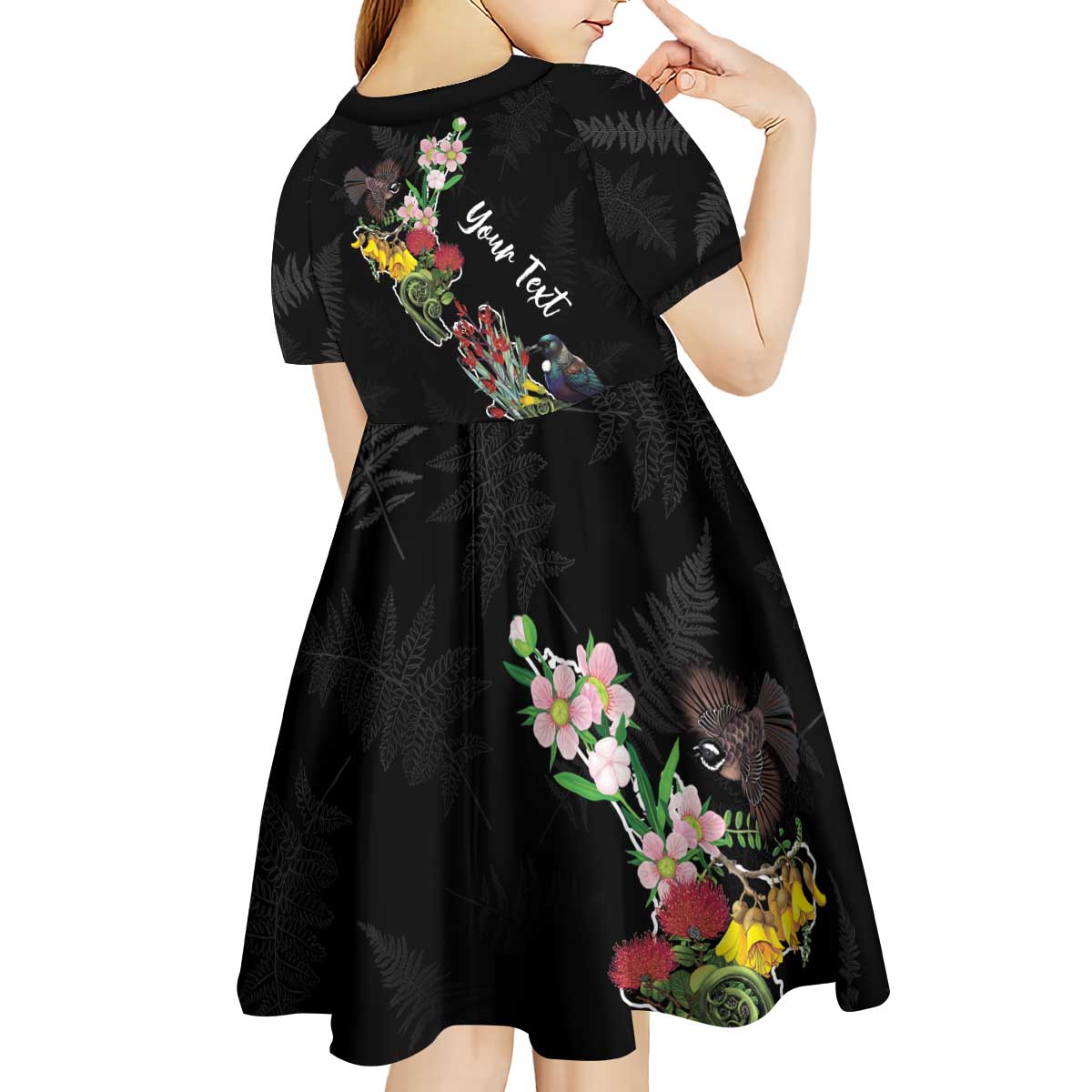 Kia Ora New Zealand Floral Personalized Kid Short Sleeve Dress Black - Polynesian Pride