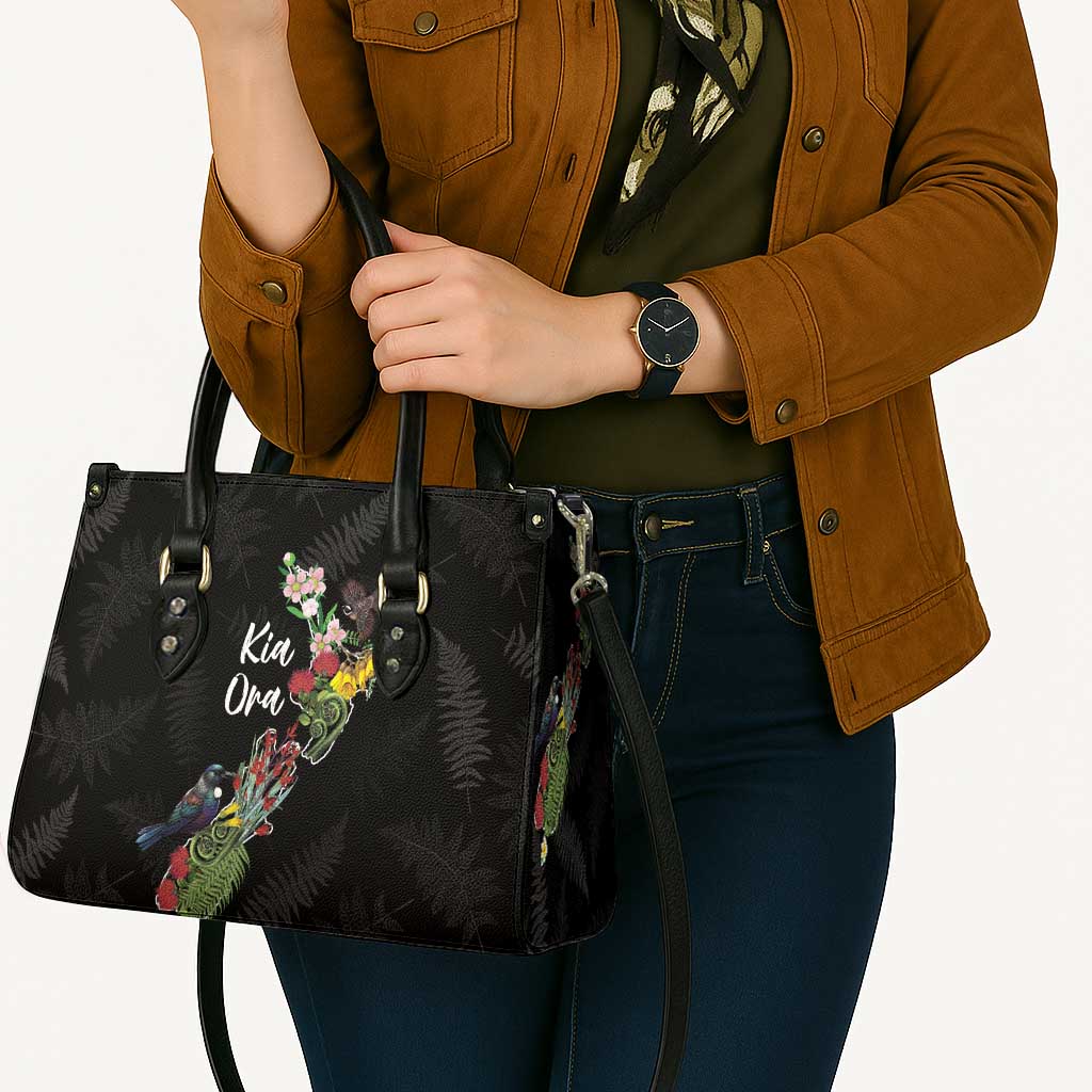 Kia Ora New Zealand Floral Leather Bag Black - Polynesian Pride