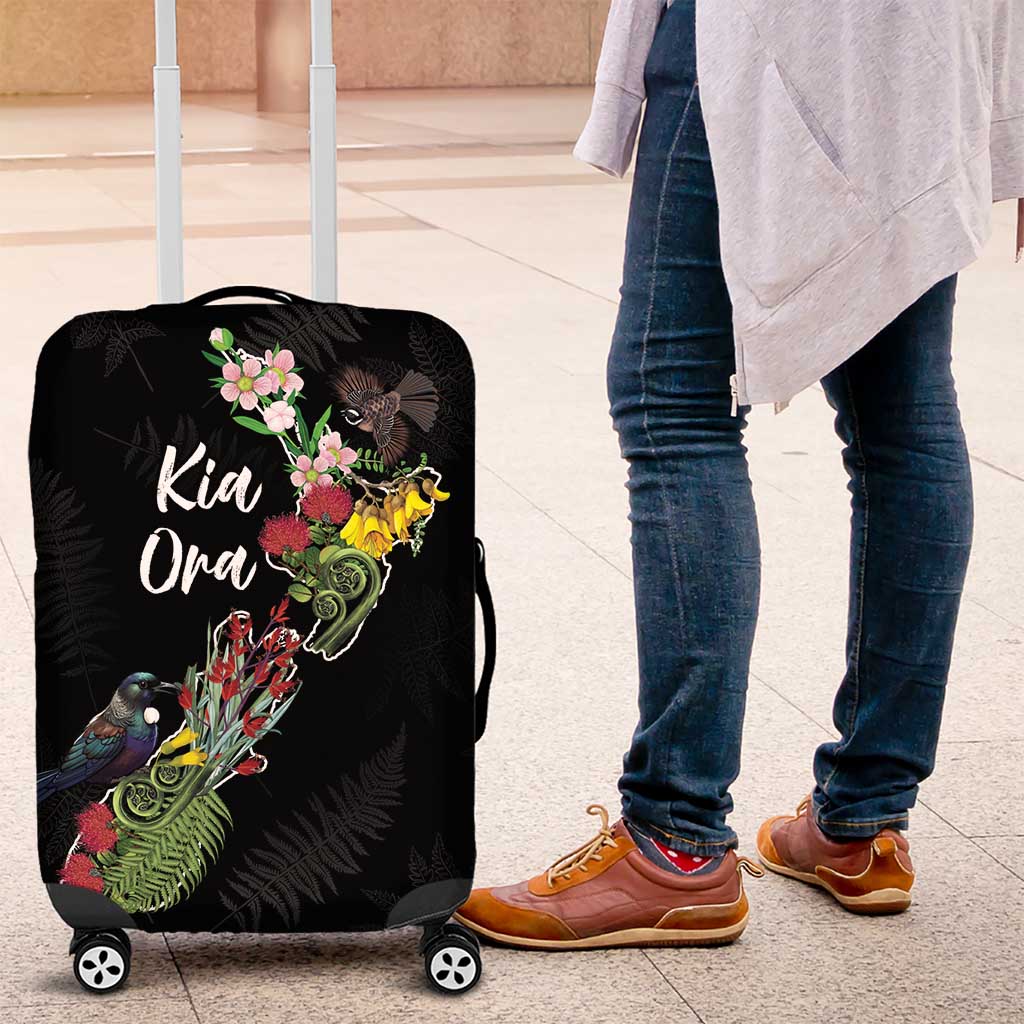 Kia Ora New Zealand Floral Luggage Cover Black - Polynesian Pride