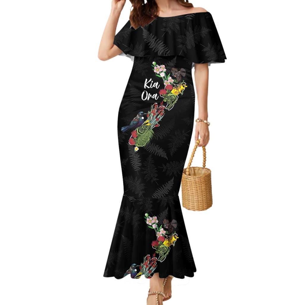 Kia Ora New Zealand Floral Personalized Mermaid Dress Black - Polynesian Pride