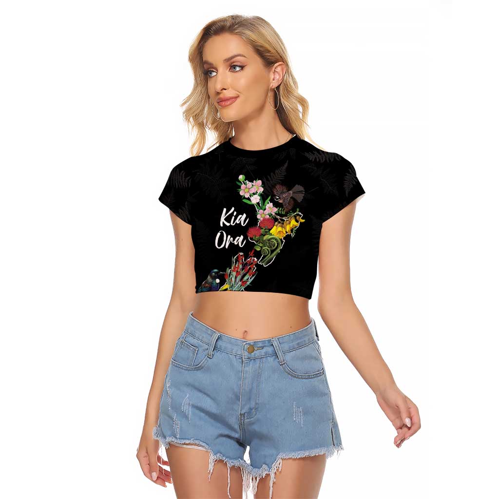Kia Ora New Zealand Floral Personalized Raglan Cropped T Shirt Black - Polynesian Pride