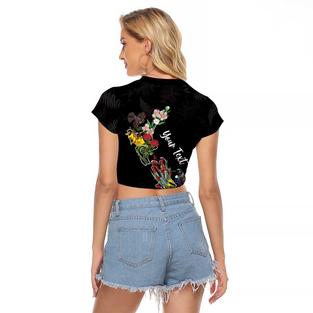 Kia Ora New Zealand Floral Personalized Raglan Cropped T Shirt Black - Polynesian Pride