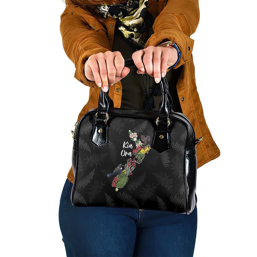 Kia Ora New Zealand Floral Shoulder Handbag Black - Polynesian Pride