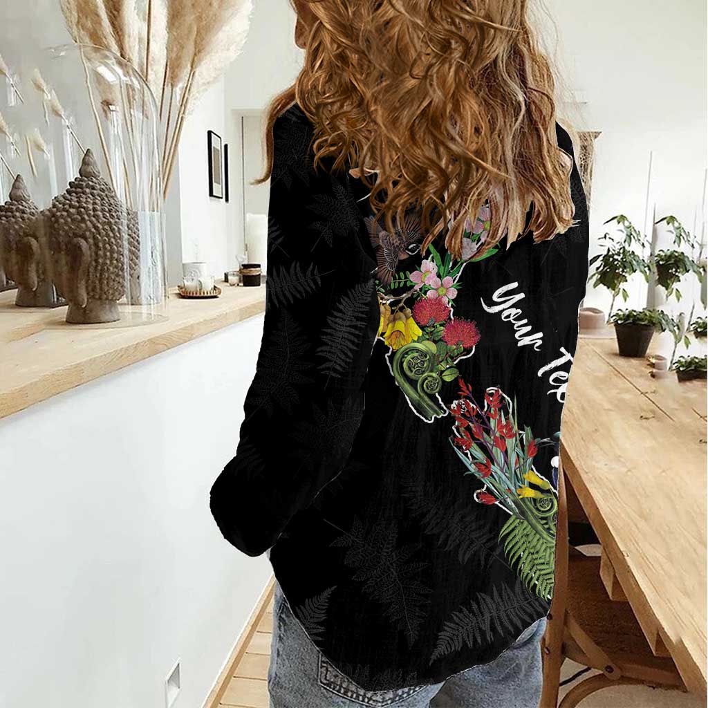 Kia Ora New Zealand Floral Personalized Women Casual Shirt Black - Polynesian Pride